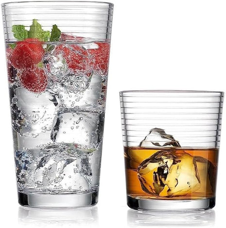Drinking Glasses - Set of 8 Glass Cups, 4 Highball Glasses (17oz) 4 Rocks Glasses (13oz) Ribbed Glasses for Mixed Drinks, Water, Juice, beer, Wine, Excellent Gift!