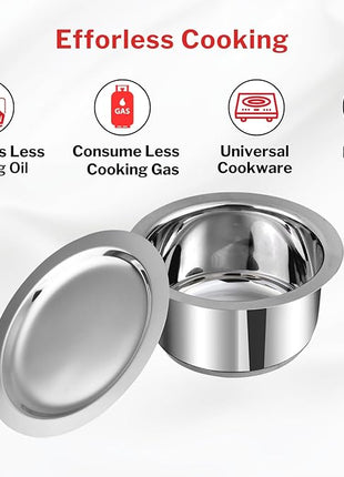 Vinod Stainless Steel 3 pc Pot Set with Capacity of 1.4 litres, 1.8 litres & 2.2 litres with Stainless Steel Lids (Gas Stove and Induction Friendly) - Silver,