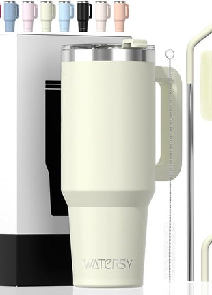 40 oz Tumbler with Handle,Tumbler with Lid and Straw,Double Wall Insulated Cup Stainless Steel Travel Mug(Cold for 34 Hours),Water Bottle for Iced Tea,Coffee,Cold Beverages(Cream White)