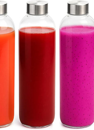 Zukro Glass Water Bottles with Lids 32 oz, 3 Pack Reusable Large Juice Bottles With Stainless Steel Airtight Cap for Juicing, Leak Proof Clear Drinking Jar Beverage storage container, BPA Free