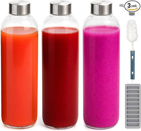 Zukro Glass Water Bottles with Lids 32 oz, 3 Pack Reusable Large Juice Bottles With Stainless Steel Airtight Cap for Juicing, Leak Proof Clear Drinking Jar Beverage storage container, BPA Free