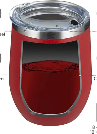 MEWAY 12oz/8 Pack Wine Tumbler Glasses with Lid - Stemless Double Wall Vacuum Stainless Steel Travel Tumbler - Keeping Cold & Hot for Wine,Coffee,Cocktails,Drinks-Family and Gifts (Red,Set of 8)
