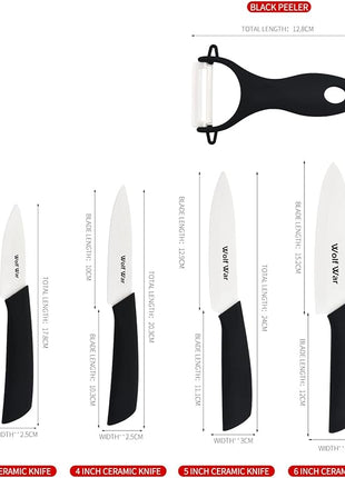 Kitchen Ceramic Knife Set Professional Knife With Sheaths, Super Sharp Rust Proof Stain Resistant (6" Chef Knife, 5" Utility Knife, 4" Fruit Knife, 3" Paring Knife, One Peeler)