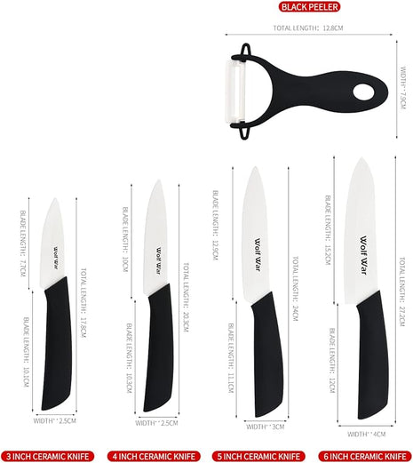 Kitchen Ceramic Knife Set Professional Knife With Sheaths, Super Sharp Rust Proof Stain Resistant (6" Chef Knife, 5" Utility Knife, 4" Fruit Knife, 3" Paring Knife, One Peeler)