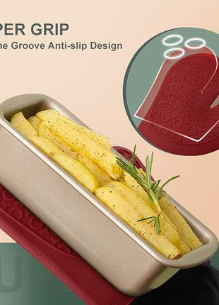 sungwoo Extra Long Silicone Oven Mitts, Heat Resistant Oven Gloves with Quilted Liner Non-Slip Textured Grip Perfect for BBQ, Baking, Cooking and Grilling - 1 Pair 14.6 Inch Red & Black