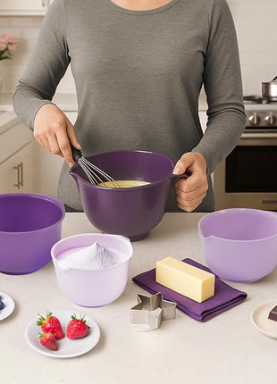 Glad Mixing Bowls with Pour Spout, Set of 4 - Nesting Plastic Bowls (1.2qt, 1.9qt, 2.8qt, and 3qt with Handle) - Non Slip Base, Dishwasher Safe Kitchen Cooking and Baking Supplies, Purple