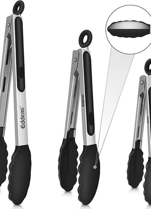 Kitchen Tongs with Silicone Tips, Tongs for Cooking Heat Resistant 600 Degrees Stainless Steel Locking Tong - 7" 9" & 12 inch Silicone Tong Non-Stick, Black Set of 3