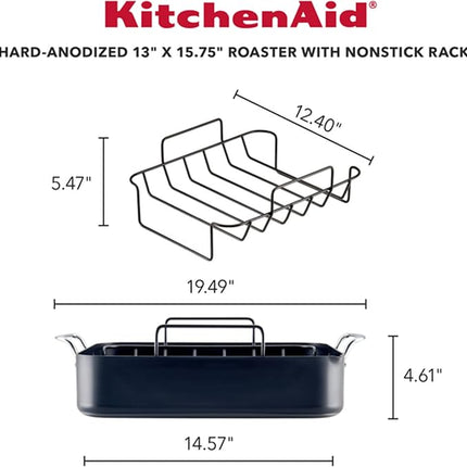 KitchenAid Hard Anodized Roasting Pan/Roaster with Removable Rack, 13 Inch x 15.75 Inch - Matte Black