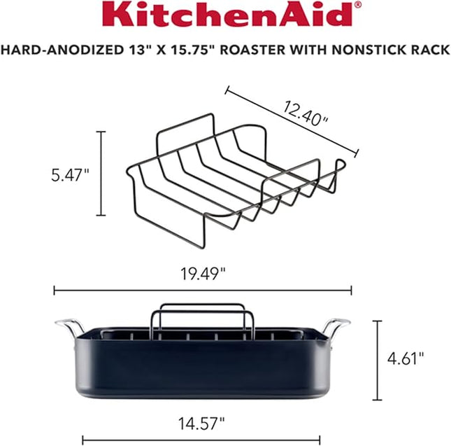 KitchenAid Hard Anodized Roasting Pan/Roaster with Removable Rack, 13 Inch x 15.75 Inch - Matte Black