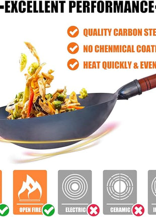 Carbon Steel Wok Traditional Hand Hammered - 13.4" Chinese Woks Round Bottom Wok Pan Set with 8 Pcs Cookware Accessories