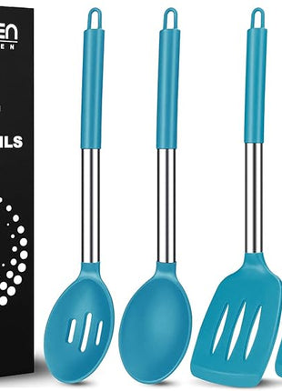 Pack of 4 Large Silicone Cooking Spatulas and Spoons, Slotted and Solid Stainless Steel Cooking Utensils Set, Non-stick Heat Resistant Kitchen for Baking, Fried, Stir-Fry, Mixing, Serving (Blue)