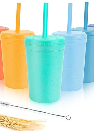 10 oz Wheat Straw Cups with Lids and Silicone Straws, Unbreakable Drinking Glasses, Plastic Cups for Kitchen, Small Tumbler Cups with Cleaning Brush, BPA Free, Dishwasher & Microwave Safe, 6 Pack