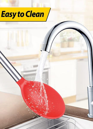 Pack of 2 Large Silicone Cooking Spoons,Non Stick Solid Basting Spoon,Heat-Resistant Kitchen Utensils for Mixing,Serving,Draining,Stirring (RED)