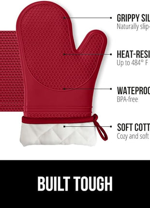 GORILLA GRIP BPA-Free Soft Silicone Oven Mitts and Pot Holders Sets of 4, Heat Resistant Waterproof Cooking Gloves, Thick Cotton Lining, Flexible Gripping for Baking Grilling, Kitchen Trivets, Red