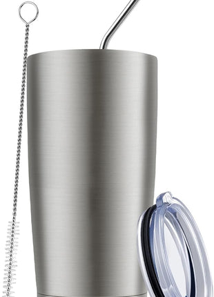 MEWAY 20oz Tumbler Cup Double Wall Vacuum Insulated Travel Mug Bulk, Stainless Steel Tumblers with Lid and Straw, Durable Powder Coated Coffee Cups for Cold & Hot Drinks (Silver, 1)
