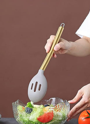 Berglander Non-stick Silicone Slotted Spoon, Titanium Gold Plated Handle, Basting Spoon, Dishwasher Safe, Easy to Clean