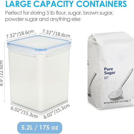 Vtopmart Large Food Storage Containers 5.2L / 175oz, 4 Pieces BPA Free Plastic Airtight Canisters for Flour, Sugar, Baking Supplies, Rice with Lids, 4 Measuring Cups and 24 Labels, Blue