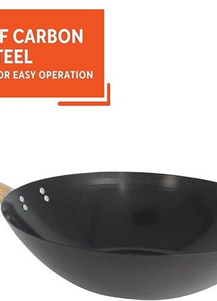 Imusa 14in Carbon Steel Nonstick Wok with Wood Handles, Black