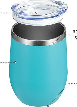 MEWAY 12oz Wine Tumbler 16 Pack Bulk Gifts for Women,Double Wall Vacuum Stainless Steel Travel Mug with Lid,Insulated Stemless Wine Cup Glass for Coffee,Cocktails(Turquoise,Set of 16)