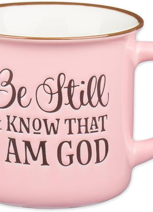Christian Art Gifts Pink Camp Style Ceramic Coffee Mug – 13 oz. Microwave and Dishwasher Safe Inspirational Scripture Coffee and Tea Mug for Women with Bible Verse: Be Still and Know - Psalm 46:10