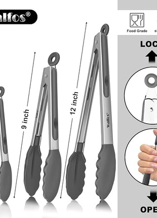 Walfos 600 Degree Heat Resistant Silicone Tongs for Cooking - Kitchen Tongs With Silicone Tips set of 3 size Food Looking Tongs (7" 9" and 12 inch Dark Grey)