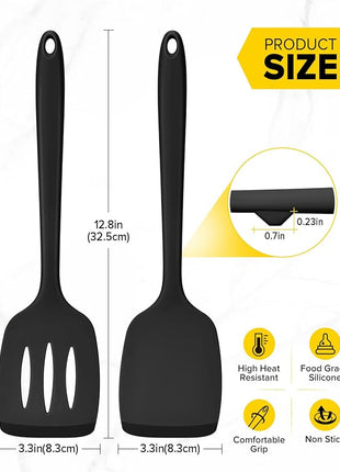 Pack of 2 Silicone Spatula Turners, Non Stick Slotted Kitchen Spatula Set, Heat Resistant BPA Free Kitchen Utensils, One-Piece Design, Suitable for Flipping Fish, Eggs, Steak, Pancakes(BLACK)