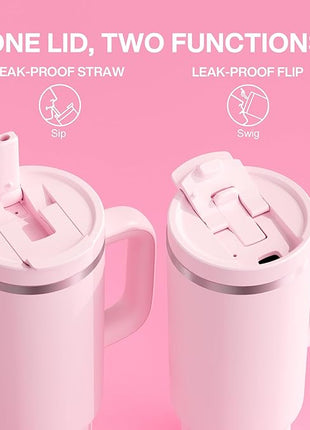 40 oz Tumbler with Handle and Straw: Stainless Steel Insulated Tumbler Keeps Cold for 24 Hours, Leakproof Travel Cup Fits in Cup Holder and BPA-Free, Cotton Candy