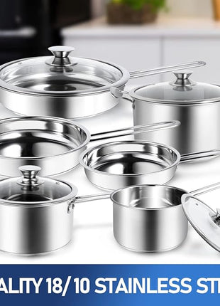 Aufranc 10-Piece Pots and Pans Set, Stainless Steel Cookware Set- Includes Ergonomic Handle Saucepans, Skillets, Dutch Oven, Stockpot, Steamer & More - Premium Pots and Pans for Home Chefs