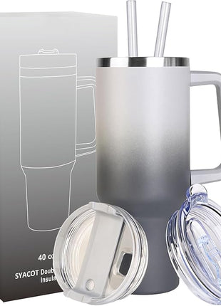 SYACOT 40 oz Tumbler with Handle and Straw Stainless Steel Insulated Tumbler Leak Proof Lid and Straw Lid Reusable Travel Mug Coffee Mug Cup Dishwasher Safe Keep Drinks Cold and Hot (Grey&Black)