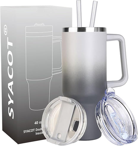 SYACOT 40 oz Tumbler with Handle and Straw Stainless Steel Insulated Tumbler Leak Proof Lid and Straw Lid Reusable Travel Mug Coffee Mug Cup Dishwasher Safe Keep Drinks Cold and Hot (Grey&Black)