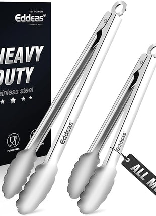 All Metal Tongs For Cooking - Heat Resistant 600 Degrees Stainless Steel Kitchen Tongs, Set of 2-9" & 12 inch, Locking Tongs, For Food,Salad, BBQ, Grilling, Dishwasher safe
