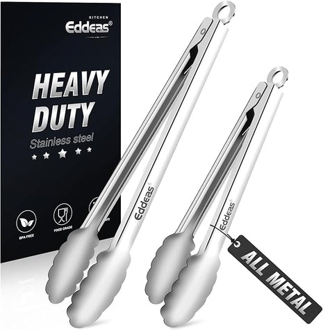 All Metal Tongs For Cooking - Heat Resistant 600 Degrees Stainless Steel Kitchen Tongs, Set of 2-9" & 12 inch, Locking Tongs, For Food,Salad, BBQ, Grilling, Dishwasher safe