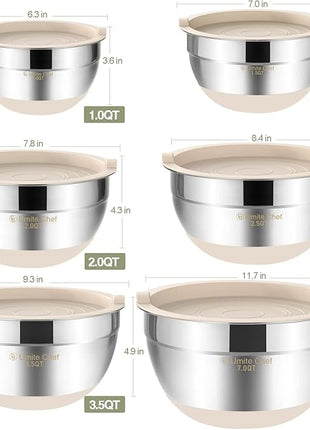 Umite Chef Mixing Bowls with Airtight Lids, 6 piece Stainless Steel Metal Nesting Storage Bowls, Non-Slip Bottoms Size 7, 3.5, 2.5, 2.0,1.5, 1QT, Great for Mixing & Serving (Khaki)