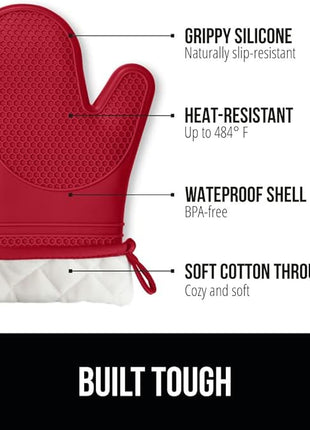 GORILLA GRIP BPA-Free Soft Silicone Oven Mitts, Heat Resistant and Waterproof Cooking Gloves, Thick Cotton Lining, Flexible Gripping Kitchen Potholders Set of 2, Christmas Kitchen Decor, 12.5x8.3, Red