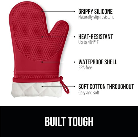 GORILLA GRIP BPA-Free Soft Silicone Oven Mitts, Heat Resistant and Waterproof Cooking Gloves, Thick Cotton Lining, Flexible Gripping Kitchen Potholders Set of 2, Christmas Kitchen Decor, 12.5x8.3, Red