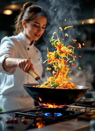 Dexam 12108411 Non Stick Carbon Steel Wok With Wood Handle 27cm/10.5 -inch, Black (Non-stick Coating)