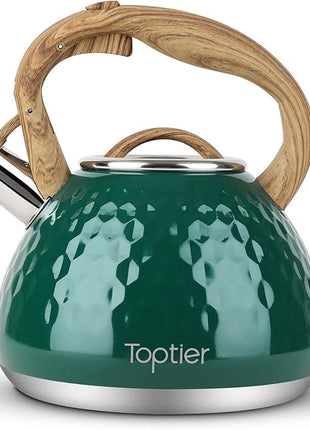 Tea Kettle, Toptier Teapot Whistling Kettle with Wood Pattern Handle Loud Whistle, Food Grade Stainless Steel Tea Pot for Stovetops Induction Diamond Design Water Kettle, 2.7-Quart Dark Green