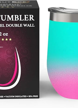 CHILLOUT LIFE 12 oz Stainless Steel Wine Tumbler with Lid - Double Wall Vacuum Insulated Wine Cup Glass Keeping Cold & Hot for Coffee, Champagne, Cocktails, Ice Cream - Powder Coated Aqua Blue/Pink