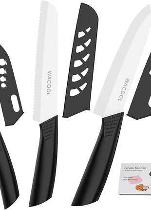 WACOOL Ceramic Knife Set 3-Piece (Includes 6-inch Chef's Knife, 6-inch Bread Knife and 4-inch Fruit Paring Knife), with 3 Knife Sheaths for Each Blade (Black Handle with Bread Knife)