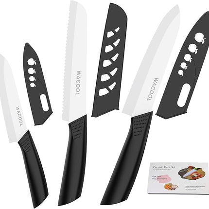 WACOOL Ceramic Knife Set 3-Piece (Includes 6-inch Chef's Knife, 6-inch Bread Knife and 4-inch Fruit Paring Knife), with 3 Knife Sheaths for Each Blade (Black Handle with Bread Knife)