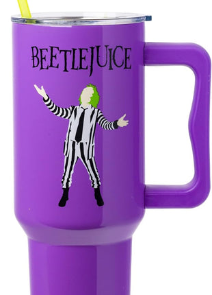 Silver Buffalo Tim Burton Beetlejuice Stainless Steel Tumbler with Handle and Straw, Fits in Standard Cup Holder, 40 Ounces