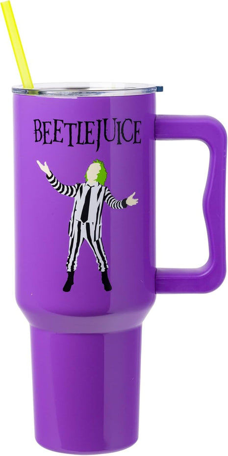 Silver Buffalo Tim Burton Beetlejuice Stainless Steel Tumbler with Handle and Straw, Fits in Standard Cup Holder, 40 Ounces