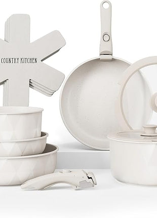 Country Kitchen Cookware Set with Removable Handle, Oven & RV Safe Pots and Pans Set, Cream Diamond, Original