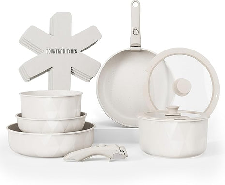 Country Kitchen Cookware Set with Removable Handle, Oven & RV Safe Pots and Pans Set, Cream Diamond, Original