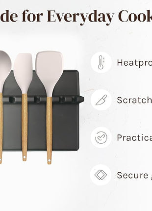 Black XL Silicone Spoon Rest for Stove Top with Drip Pad (1 Pack) - Heat-Resistant, BPA-Free Utensil Rest & Spoon Holder for Kitchen Counter - Grill Utensil Holder for Spatulas, Tongs, Ladles