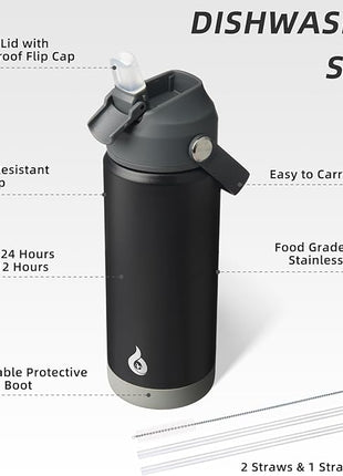 BJPKPK Insulated Water Bottle with Straw Lid, 18oz Thermo Water Bottles with Soft Nozzle, Flex Handle & Non-slip Boot, BPA Free Leak Proof Stainless Steel Metal Thermo, Tumblers, Cups,Black
