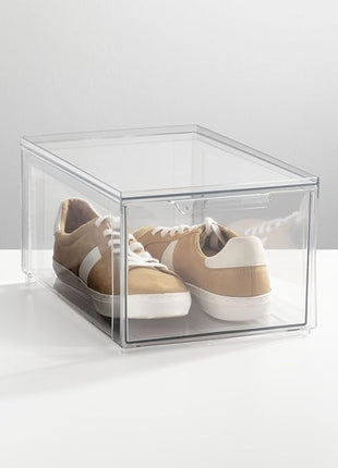 mDesign Plastic Stackable Closet Storage Organizer Bins with Pull Out Drawer for Cabinet, Desk, Shelf, Cupboard, or Dresser Organization - Lumiere Collection - 4 Pack - Clear