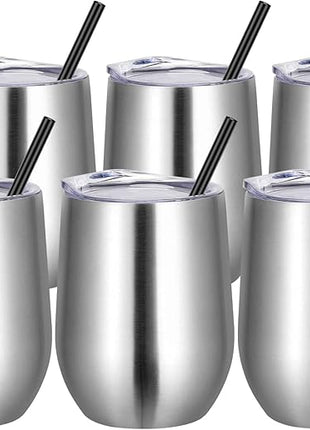VEGOND Wine Tumblers Bulk 6 Pack, 12oz Stainless Steel Stemless Wine Glass with Lids and Straws, Double Wall Vacuum Insulated Tumbler Cup, Coffee Mug for Cold Hot Drinks