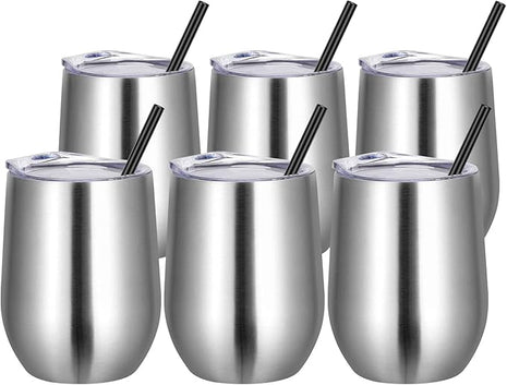 VEGOND Wine Tumblers Bulk 6 Pack, 12oz Stainless Steel Stemless Wine Glass with Lids and Straws, Double Wall Vacuum Insulated Tumbler Cup, Coffee Mug for Cold Hot Drinks