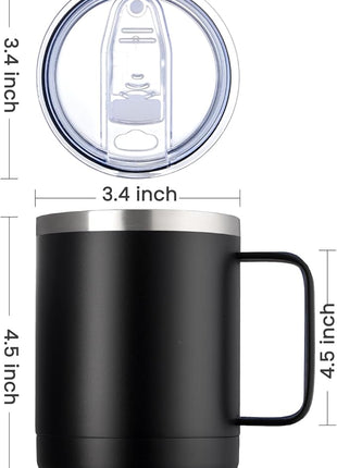 MEWAY 12oz Coffee Mug With Handle 4 Pack Bulk,Stainless Steel Insulated Travel Tumblers With Sliding Lid,Double Wall Vacuum Camping Cup for Hot & Cold Drinks Tea (Black,Set of 4)